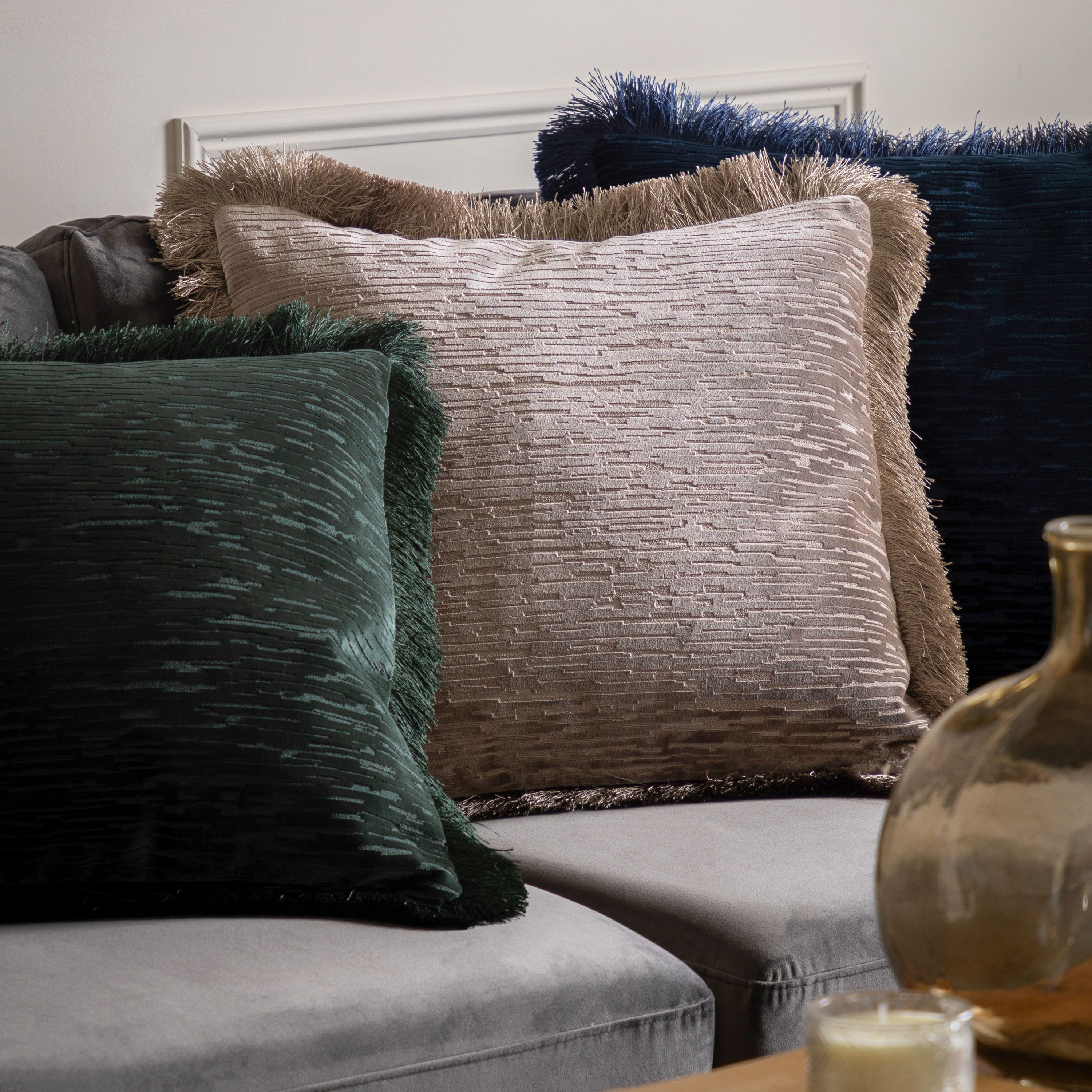 Cut Velvet Fringe Cushion Silver