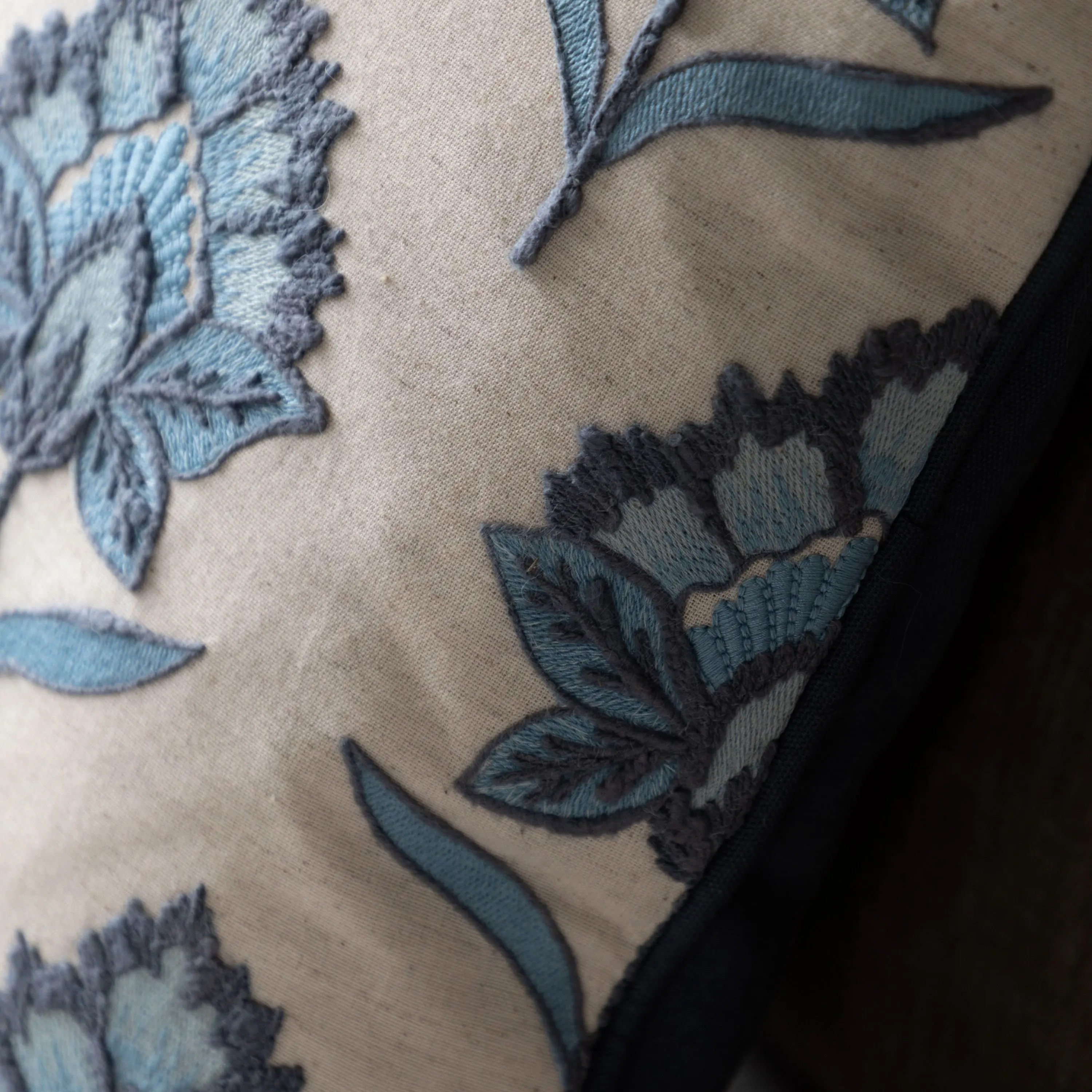 Fleur Embroidered Cushion Ink Blue - Image 3