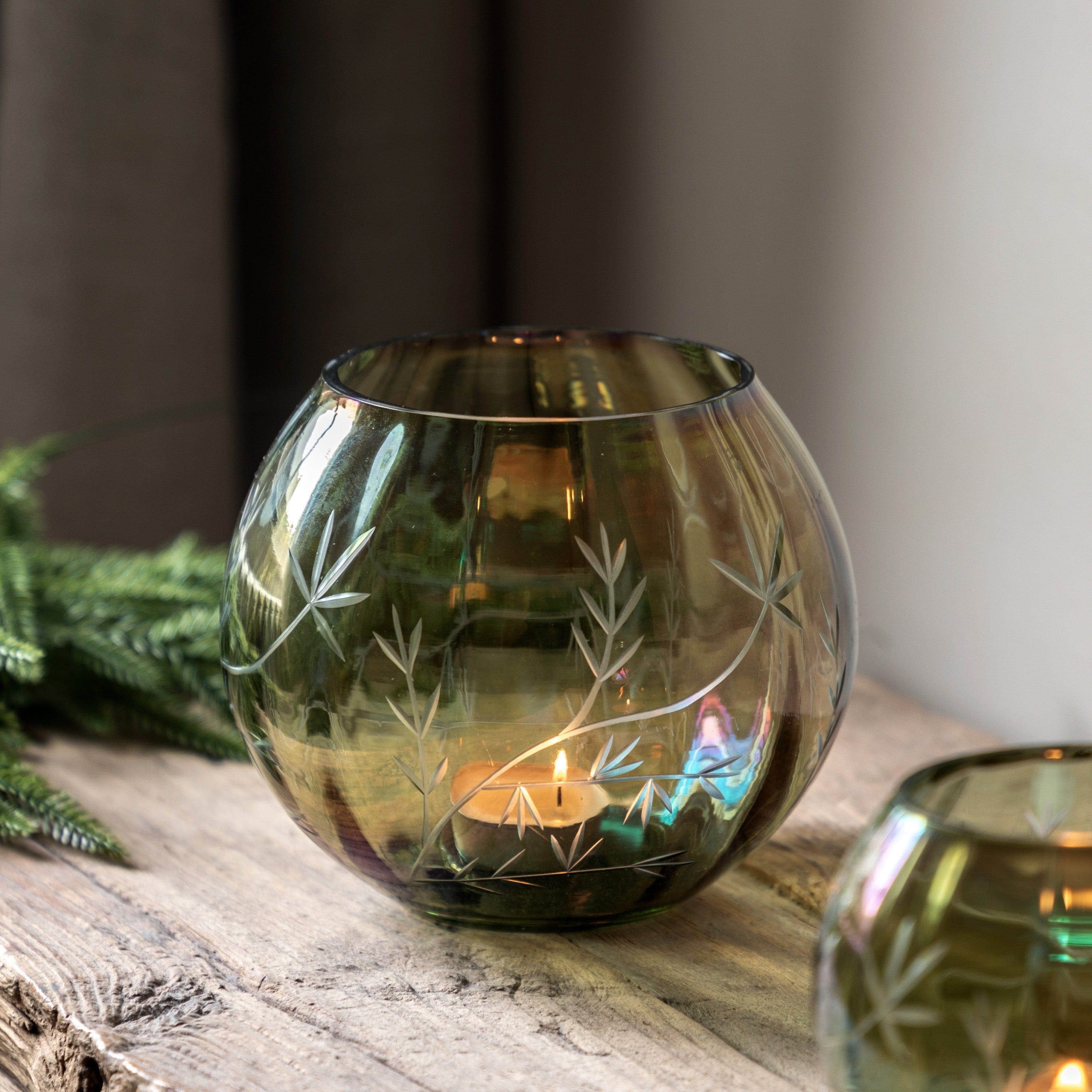 Floral Etched Iridescent Tealight Holder Large