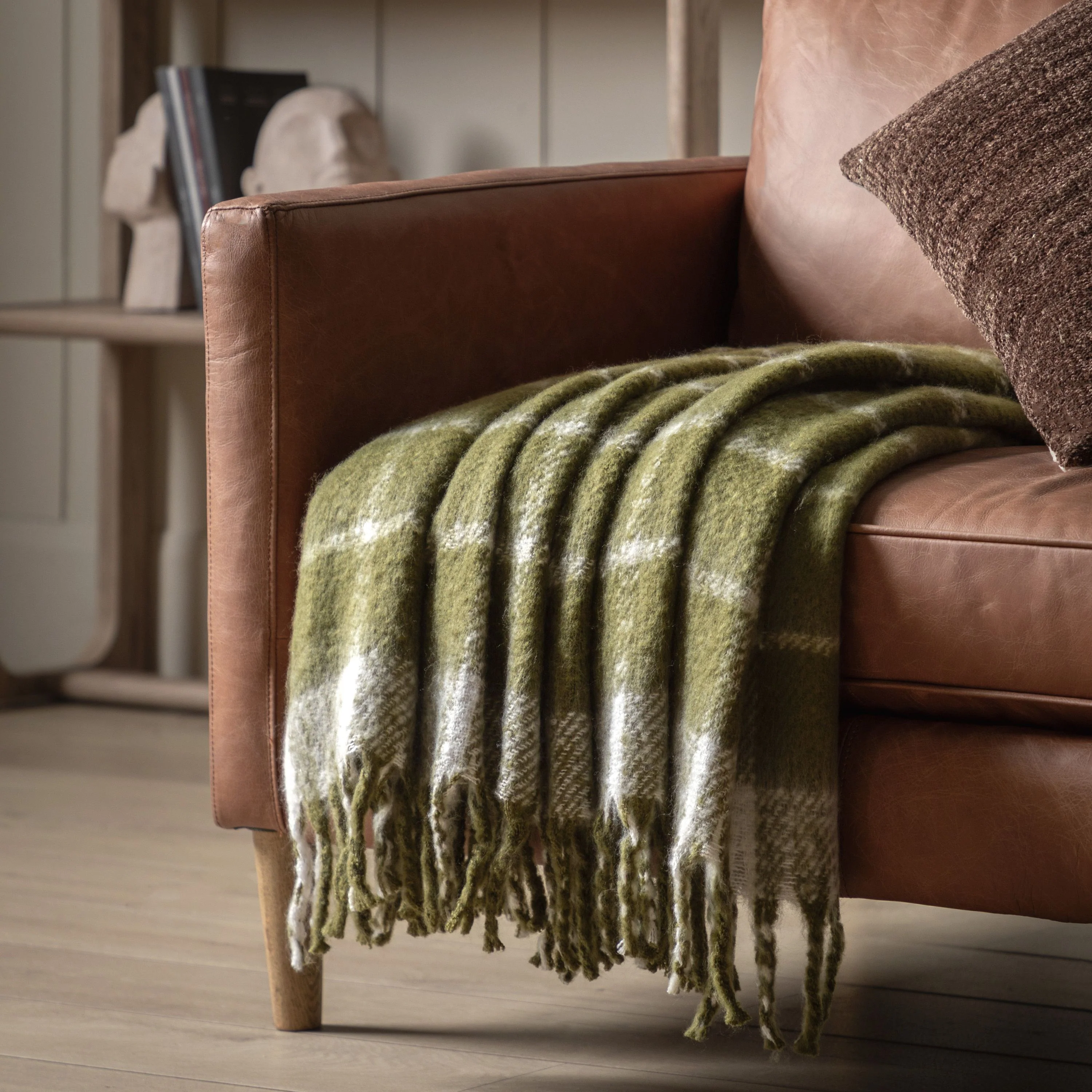 Poly Faux Mohair Check Throw Green