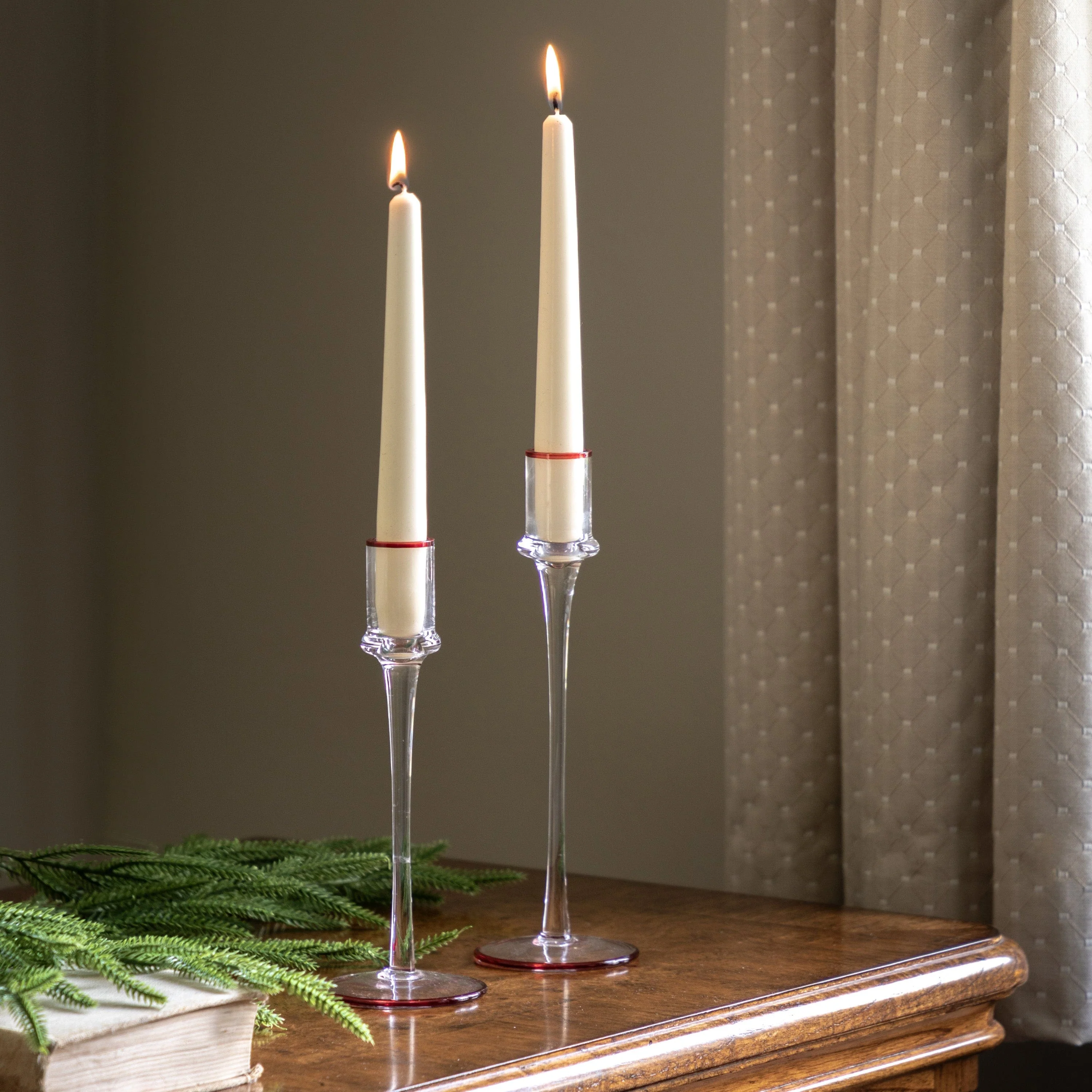 Red Rim Glass Candle Stick Set of 2