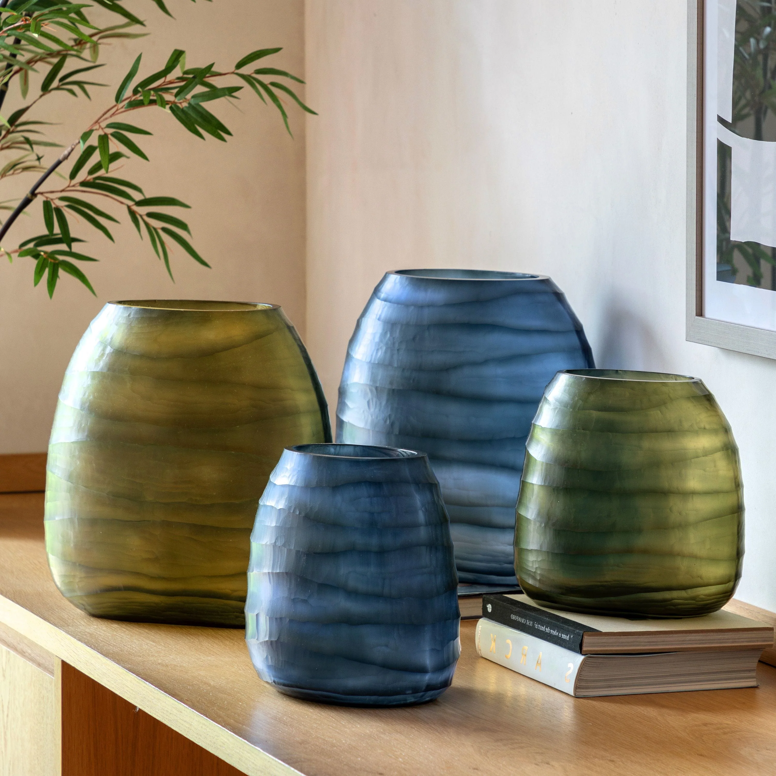 Sinto Handblown Carved Glass Vase Olive Large - Image 4