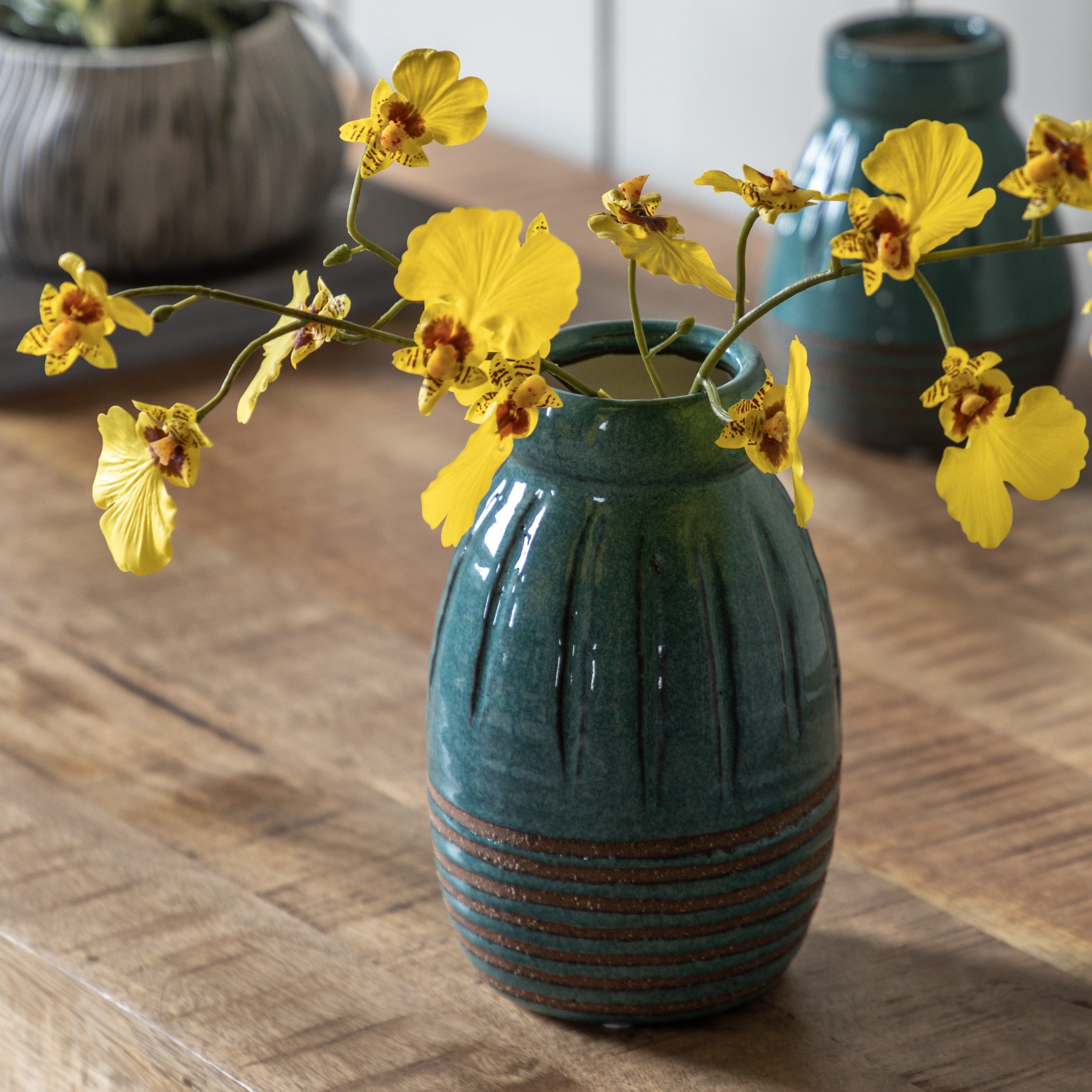 Southwold Ribbed Ceramic Vase Teal Set of 2 - Image 3