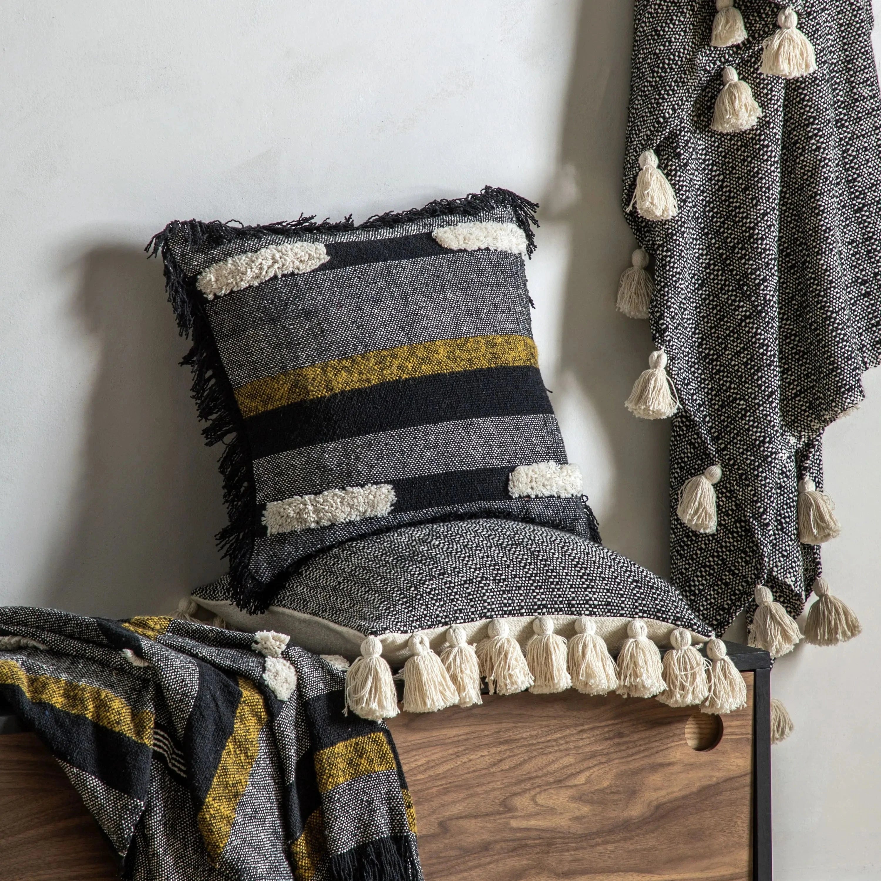 Woven Cushion with Tassels Black