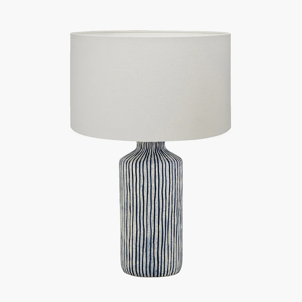 Bude Blue and White Stripe Stoneware Table Lamp Base with Henry 40cm White Handloom Cylinder Lampshade - Image 5