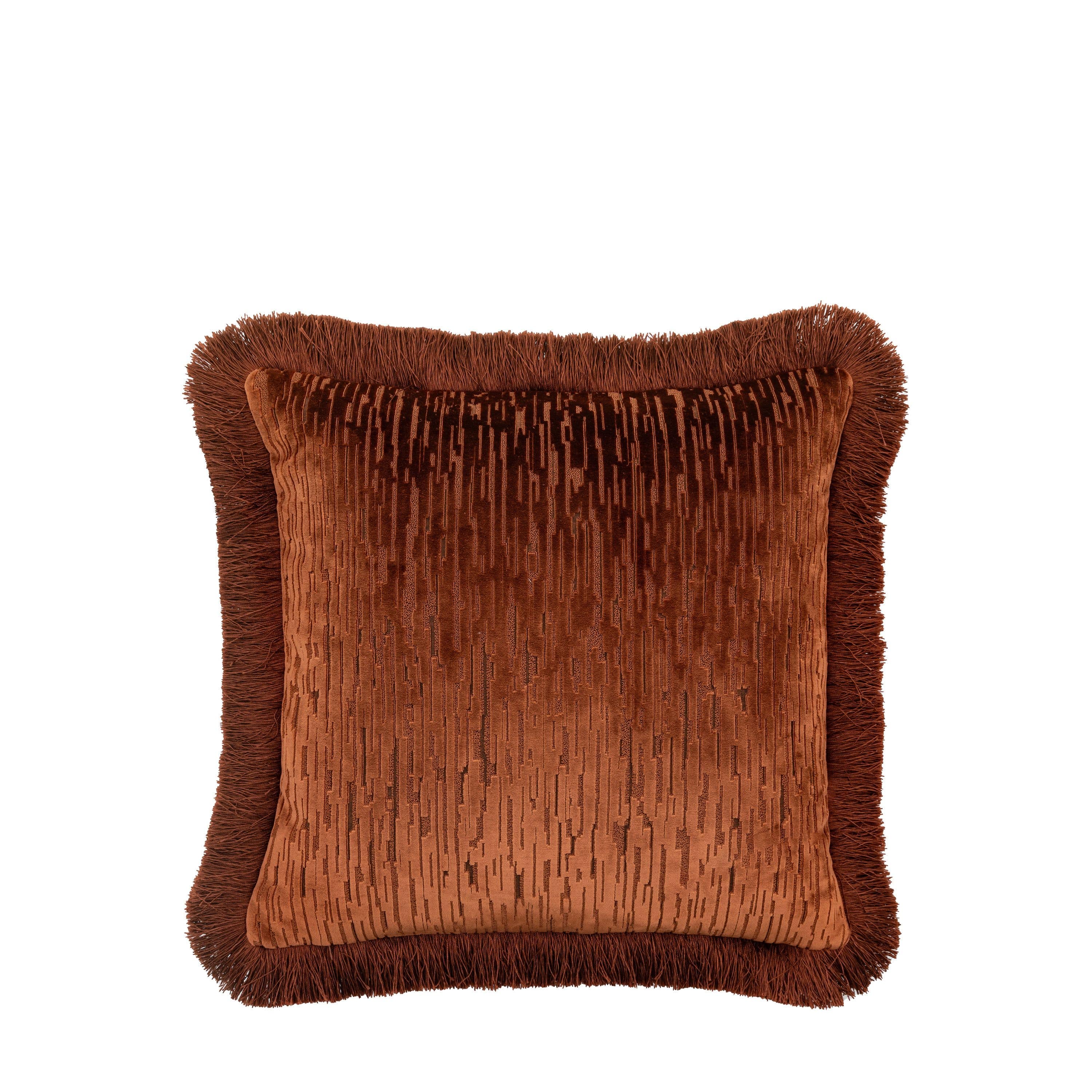 Cut Velvet Fringe Cushion Terracotta | OUTLET - Image 2