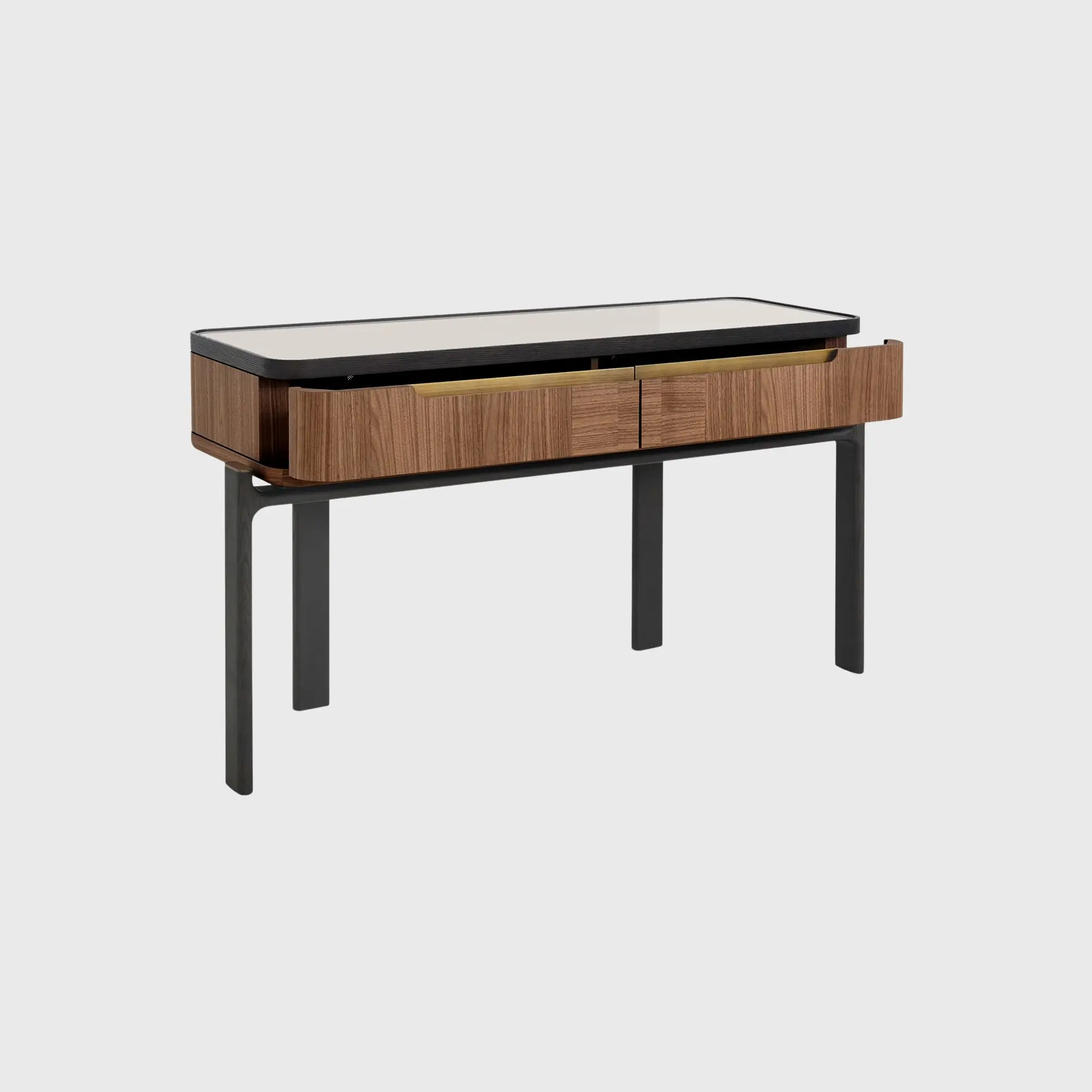 Ponte 2 Drawer Console Ponte 2 drawer Console Table in Figured Walnut, Burnt Oak Margins and Beige Tempered Glass Top - Image 3