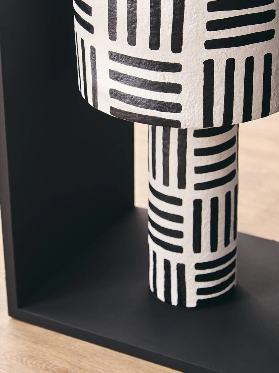 Carta Black And White Papier Mache Table Lamp with Geometric Lines - Image 13