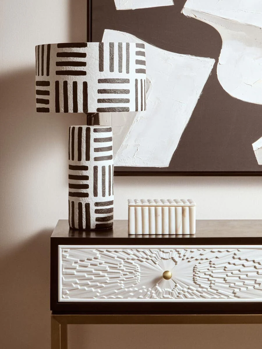 Carta Black And White Papier Mache Table Lamp with Geometric Lines - Image 9