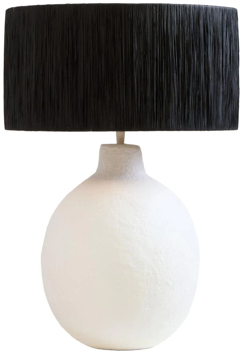 Carta White Papier Mache Table Lamp With Black Raffia Shade - Image 2
