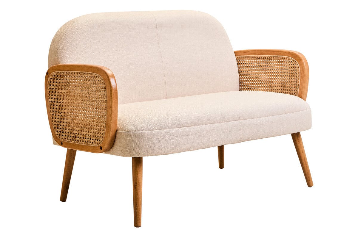 Cebu Ivory Fabric and Cane 2 Seat Sofa with Elm Wood Legs - Image 2