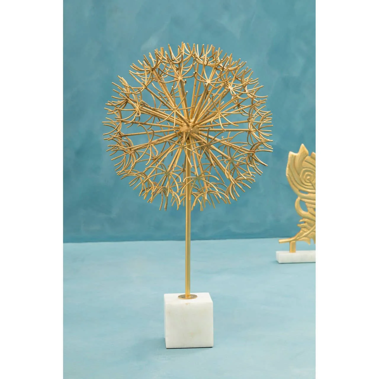 Evra Gold Dandelion Sculpture On White Marble Base - Image 3