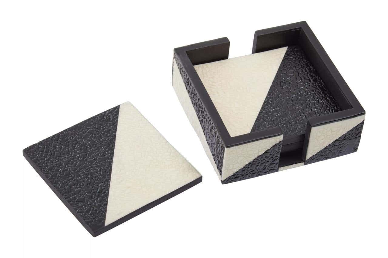 Ezra Set Of Four Black And White Coasters With Holder - Image 2