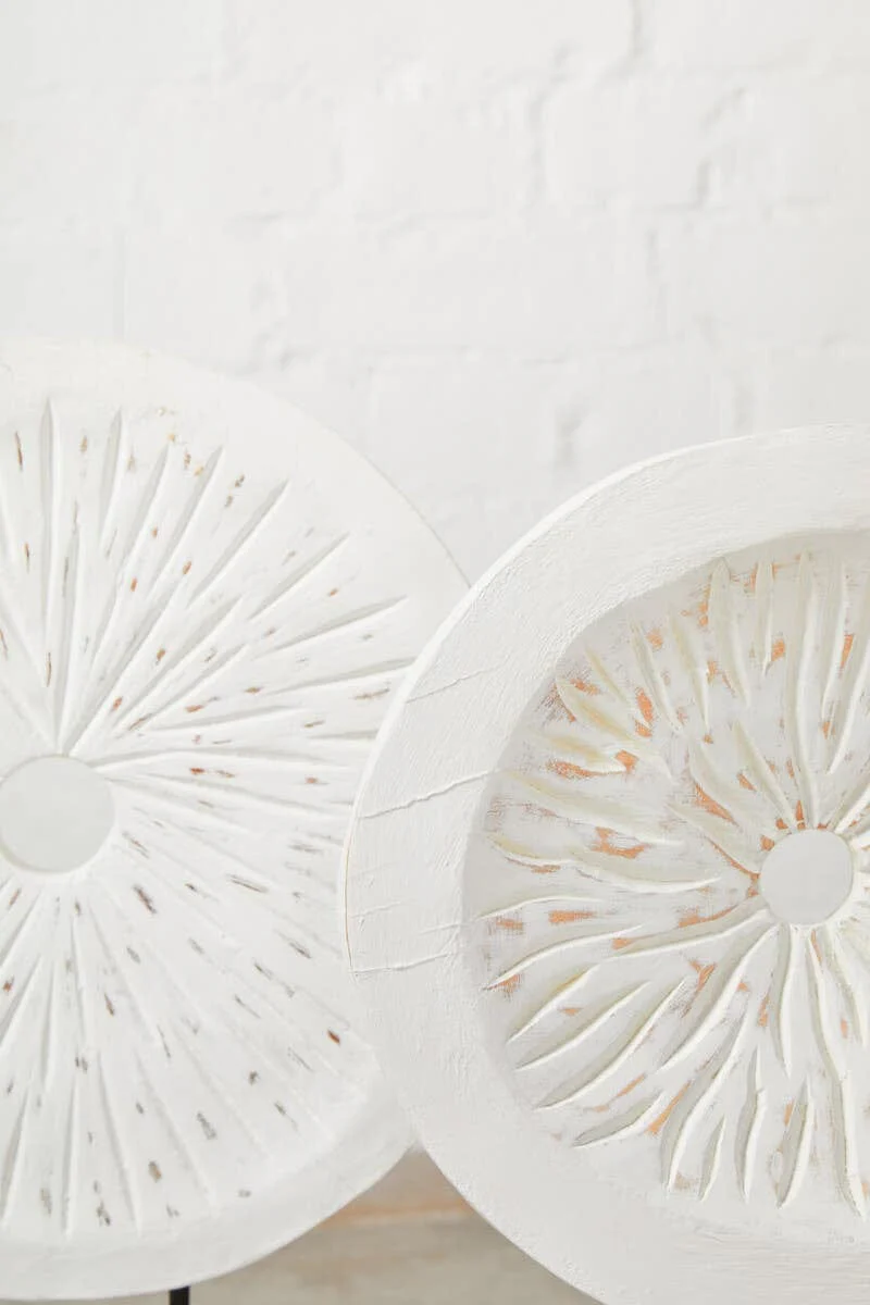 Fidel Distressed White Carved Wood Large Round Sculpture - Image 9