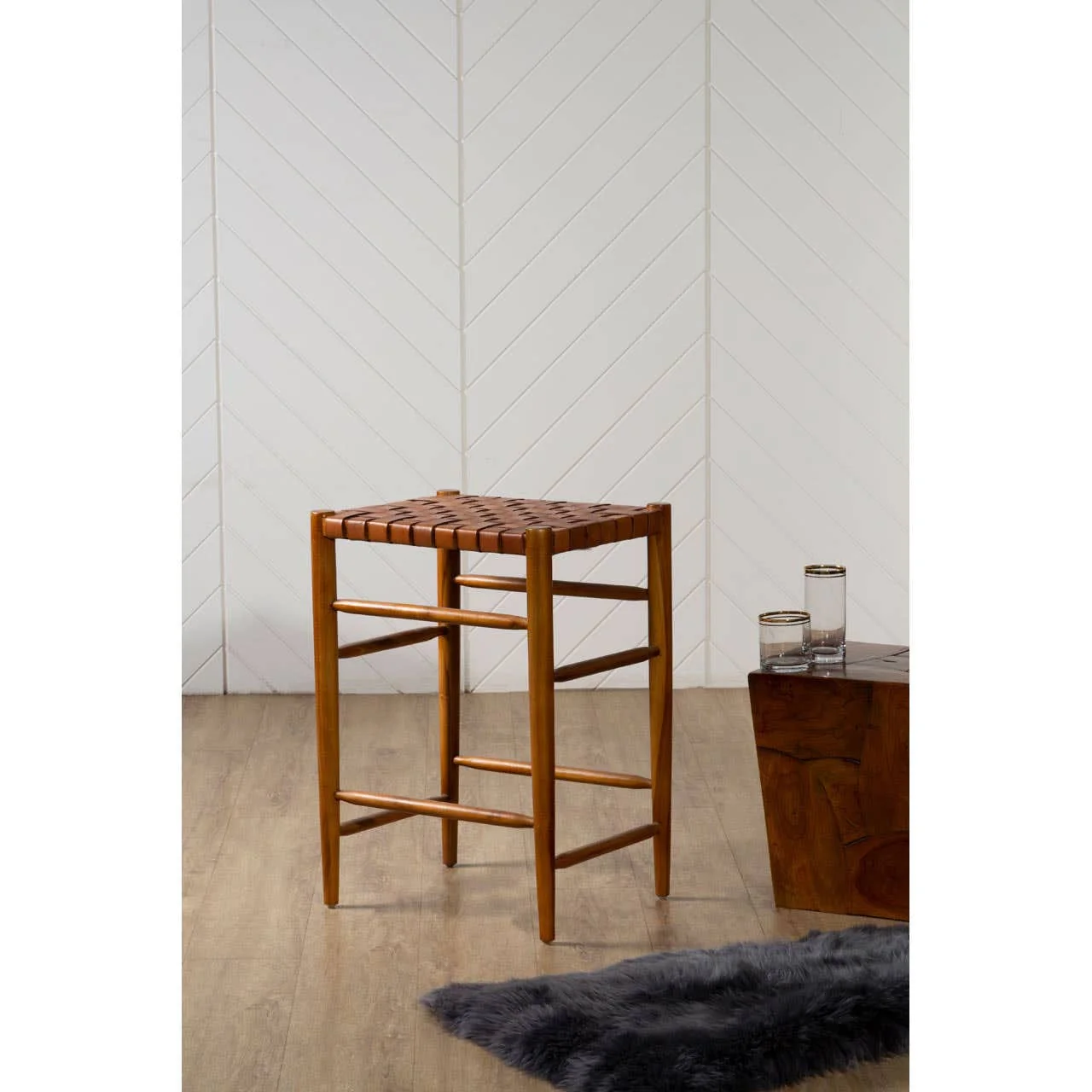 Kendari Brown Woven Leather Barstool - Image 4
