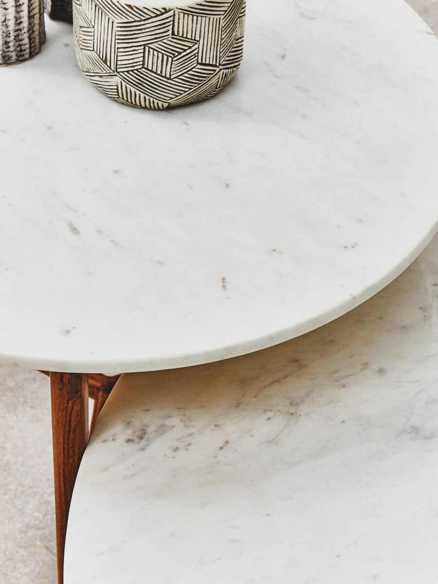 Myan Acacia Wood and White Marble Coffee Table - Image 11