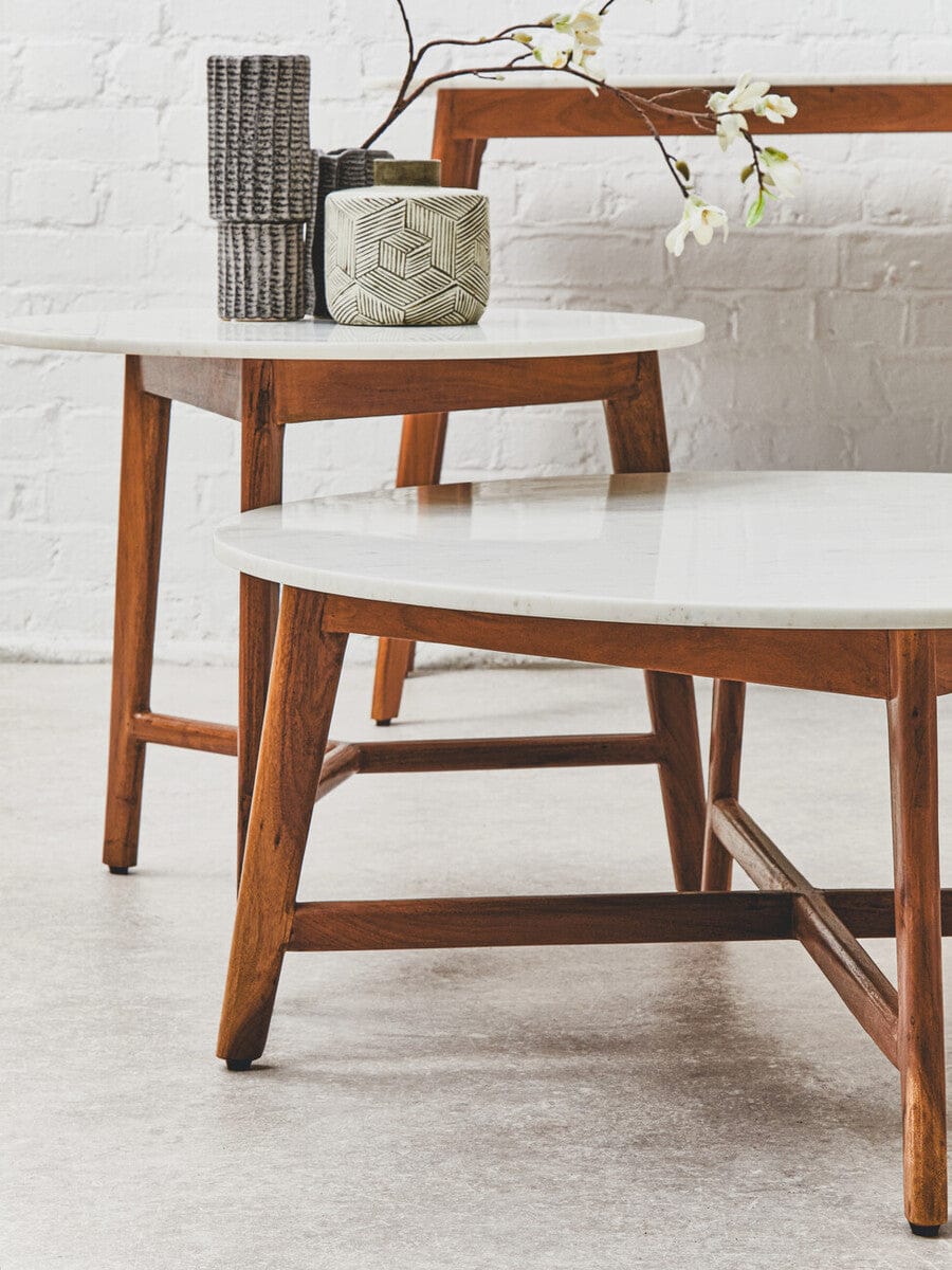 Myan Acacia Wood and White Marble Coffee Table - Image 13