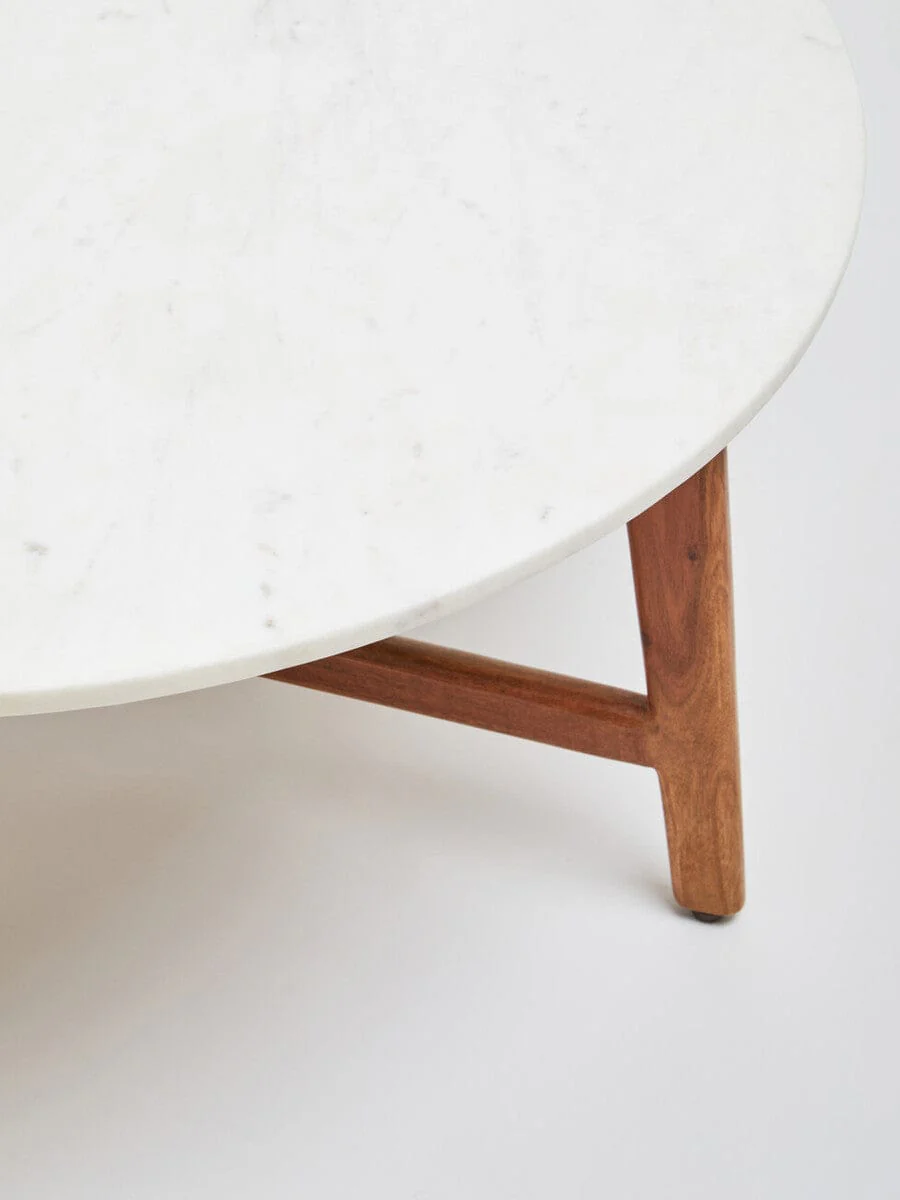Myan Acacia Wood and White Marble Coffee Table - Image 6
