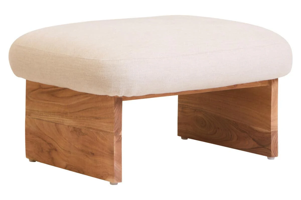 Parova Cream Linen Textured Footstool With Wood Base - Image 2