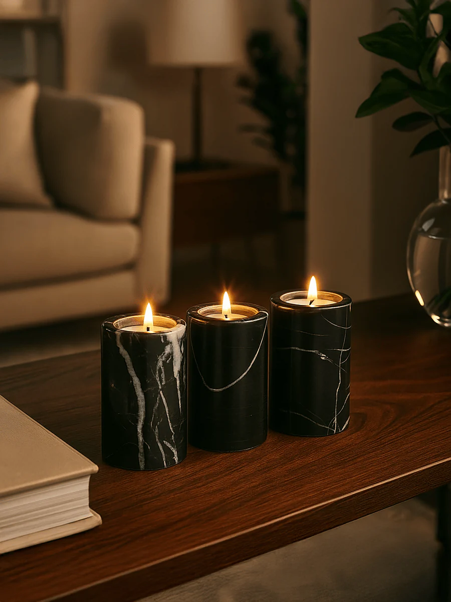 Salmo Set Of Three Black Marble Tealight Holders - Image 15