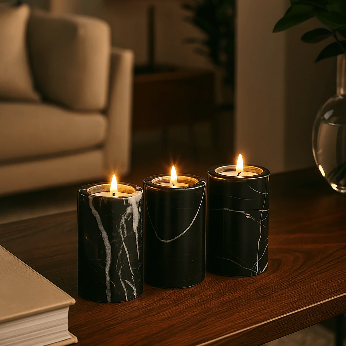Salmo Set Of Three Black Marble Tealight Holders - Image 16