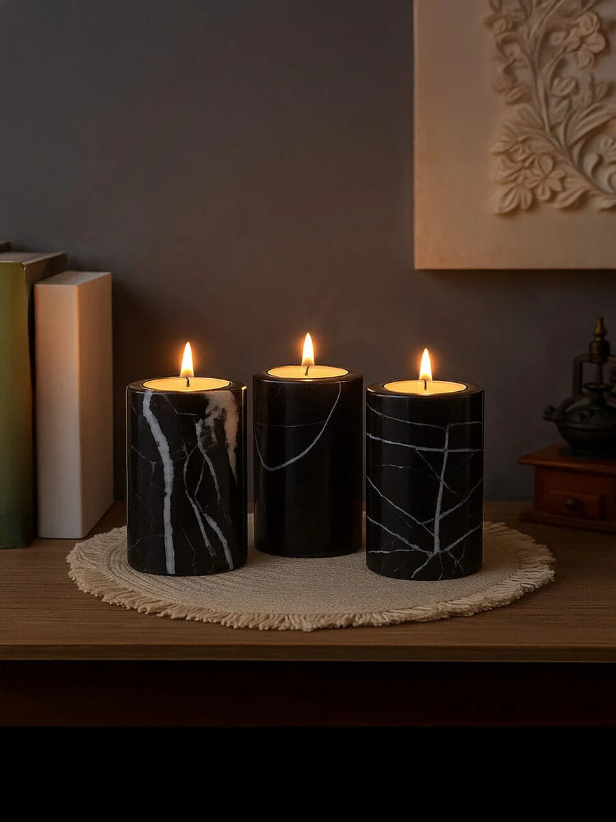 Salmo Set Of Three Black Marble Tealight Holders - Image 17