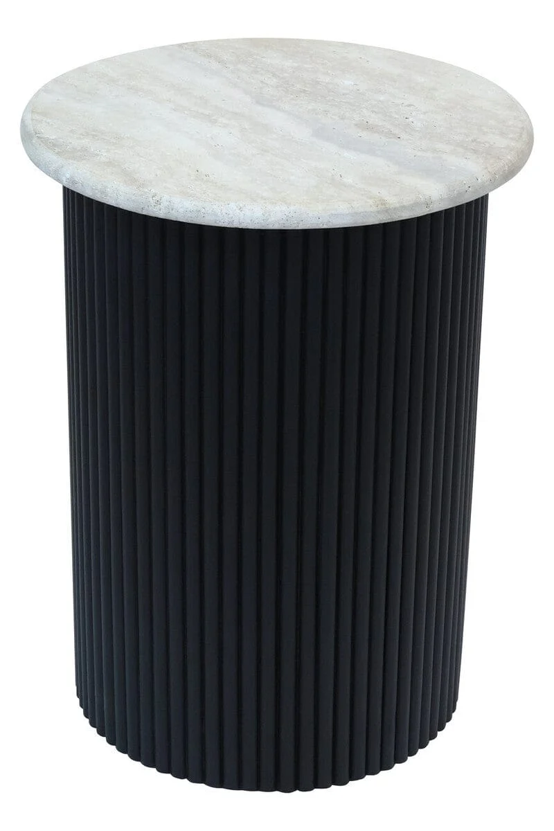 Walton Travertine Top Side Table with Black Acacia Wood Base - Image 2