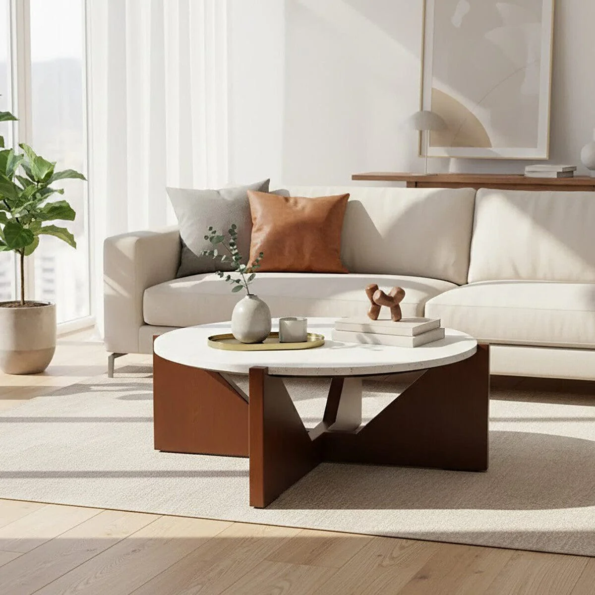 Winton Travertine Top Coffee Table With Acacia Wood Frame - Image 11