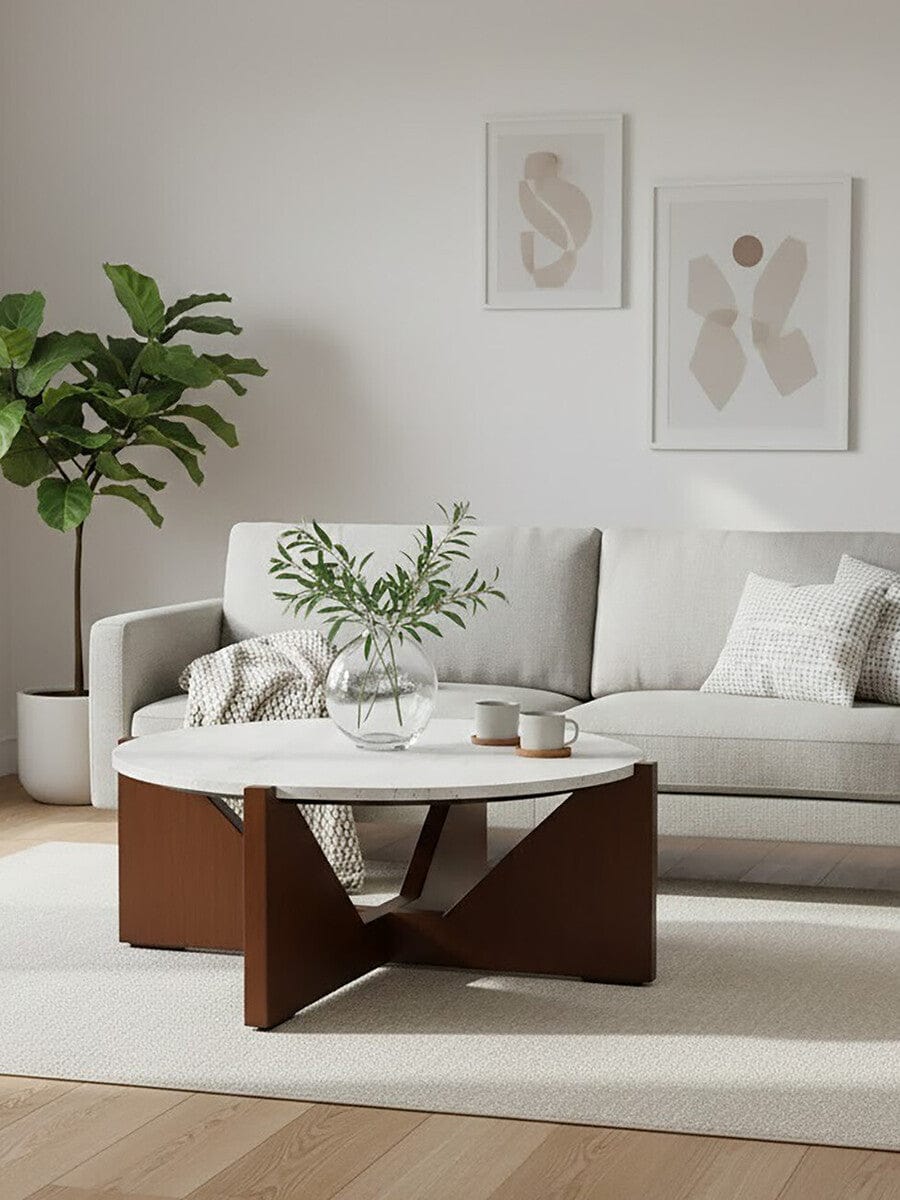 Winton Travertine Top Coffee Table With Acacia Wood Frame - Image 8