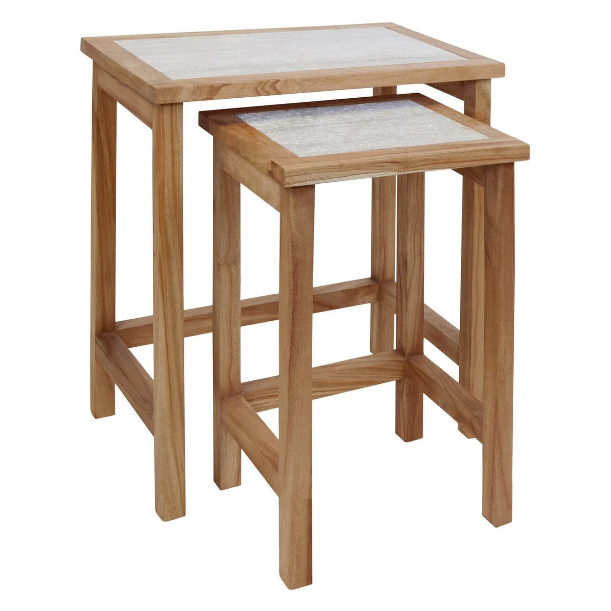 Womad Large Set Of 2 Wooden Side Tables With Travertine Tops - Image 2