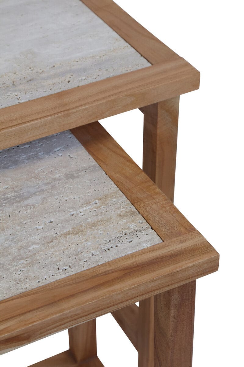 Womad Large Set Of 2 Wooden Side Tables With Travertine Tops - Image 5