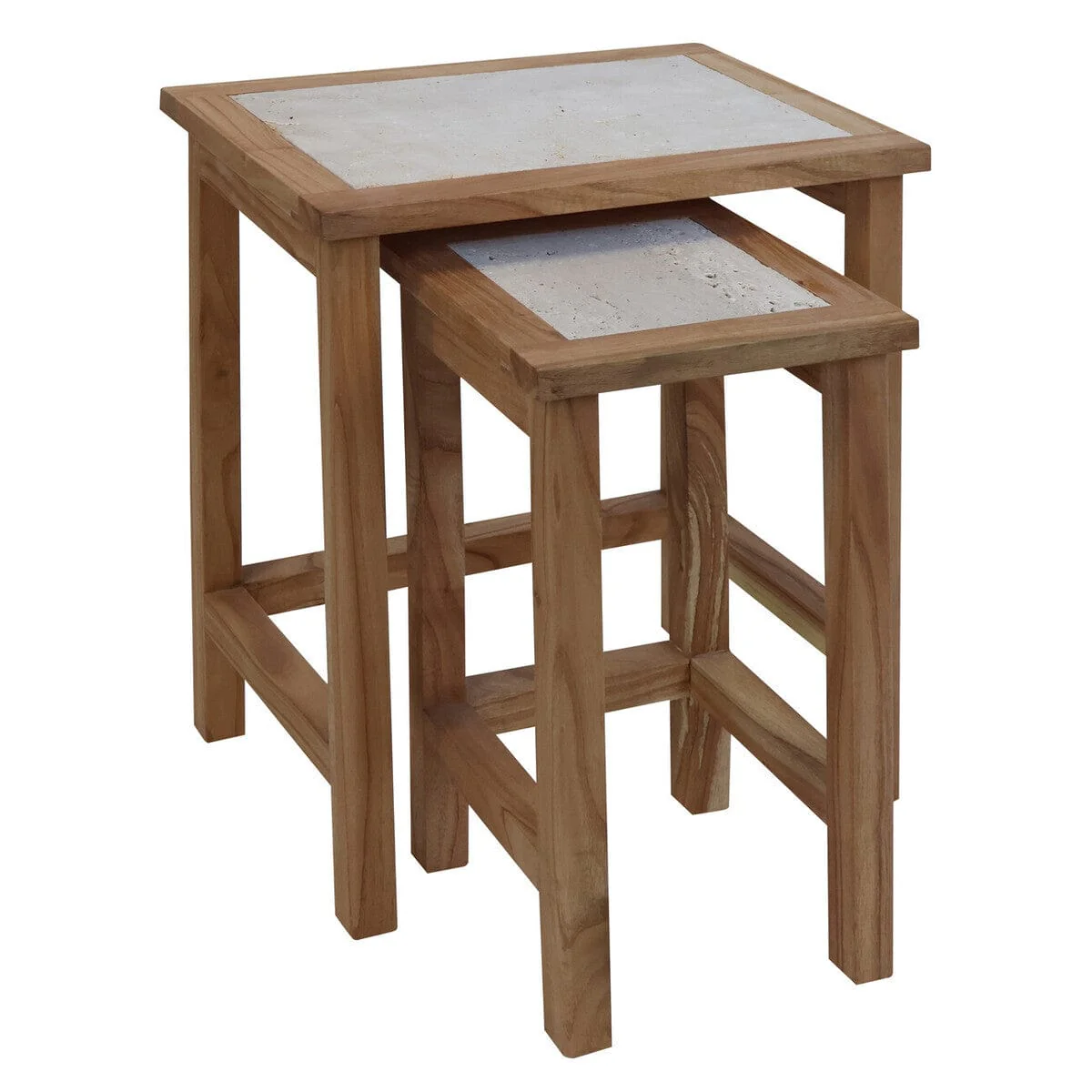 Womad Small Set Of 2 Wooden Side Tables With Travertine Tops - Image 2