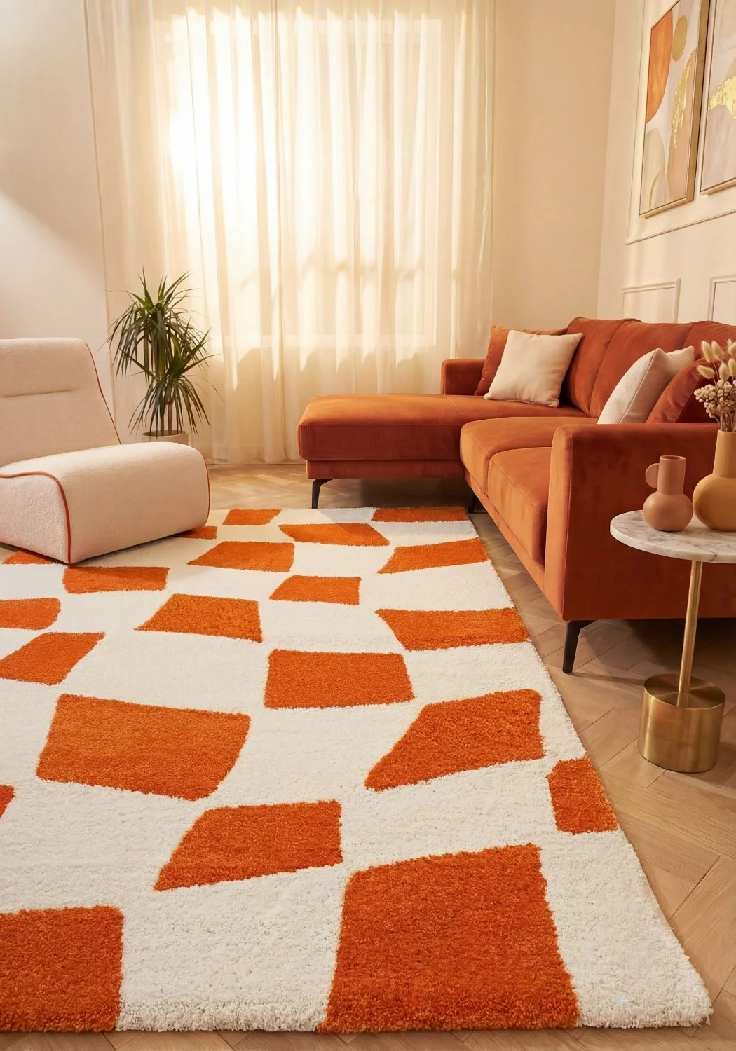 Joli Checkered Orange & White Rug - Image 2