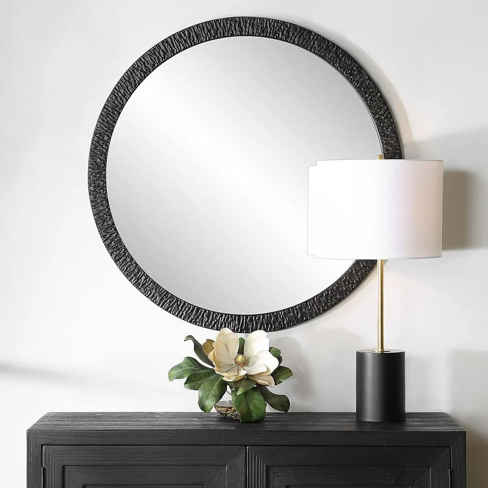 William Satin Black Round Mirror - Image 2