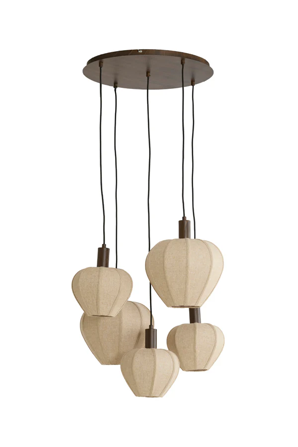 Hanging lamp 5L 76x140 cm HUXI wood prnt d brwn+linen nat. - Image 3