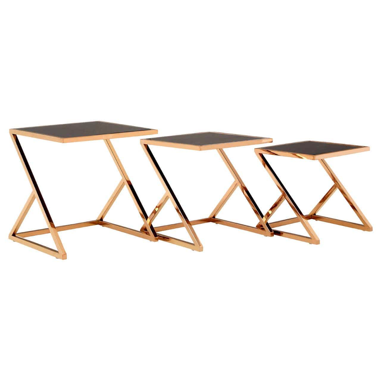 Ackley Rose Gold Finish set of 3 Nesting Tables with Black Glass - Image 6