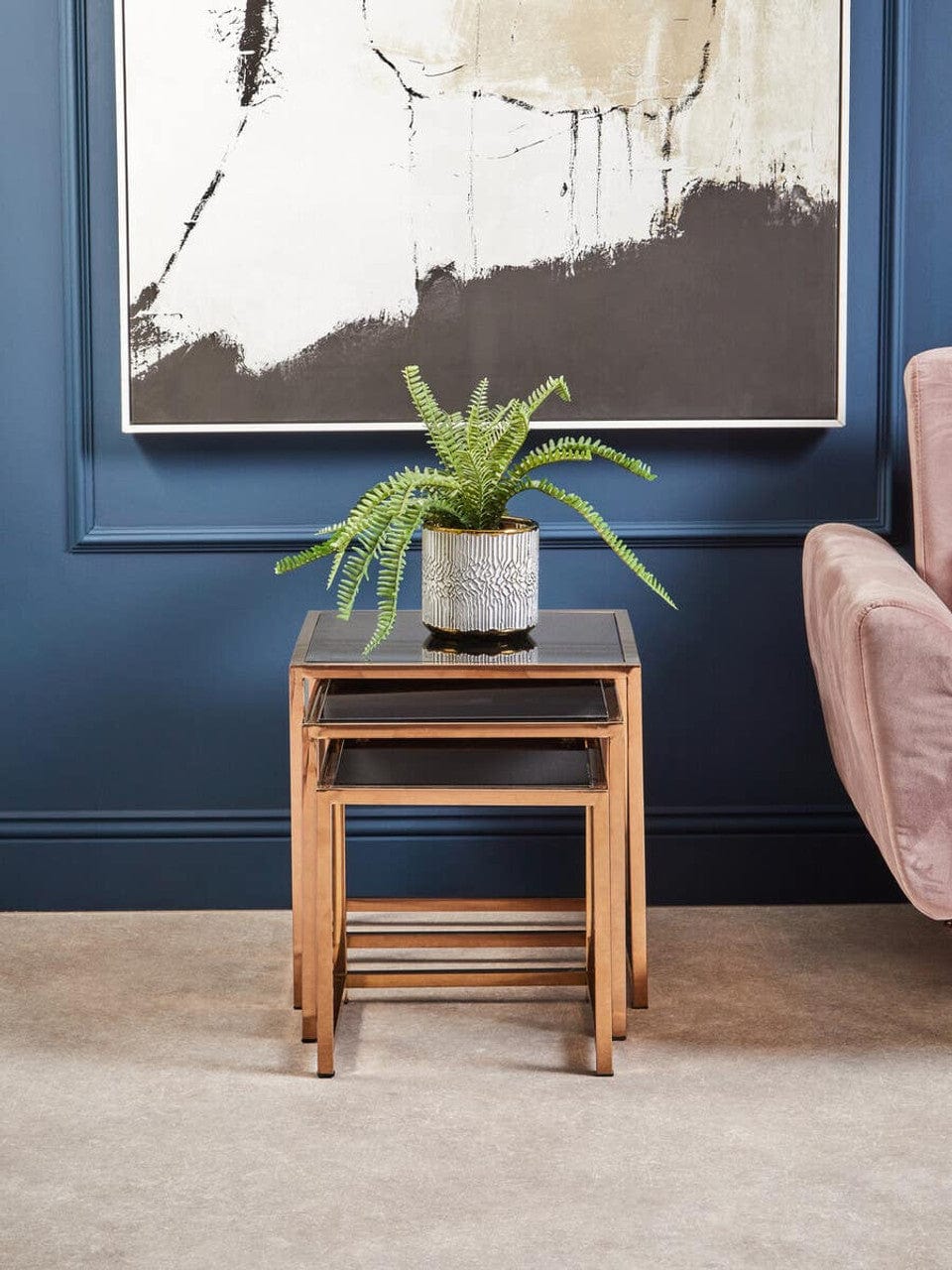 Ackley Set of 3 Gold Frame Nesting Tables with Black Glass - Image 6