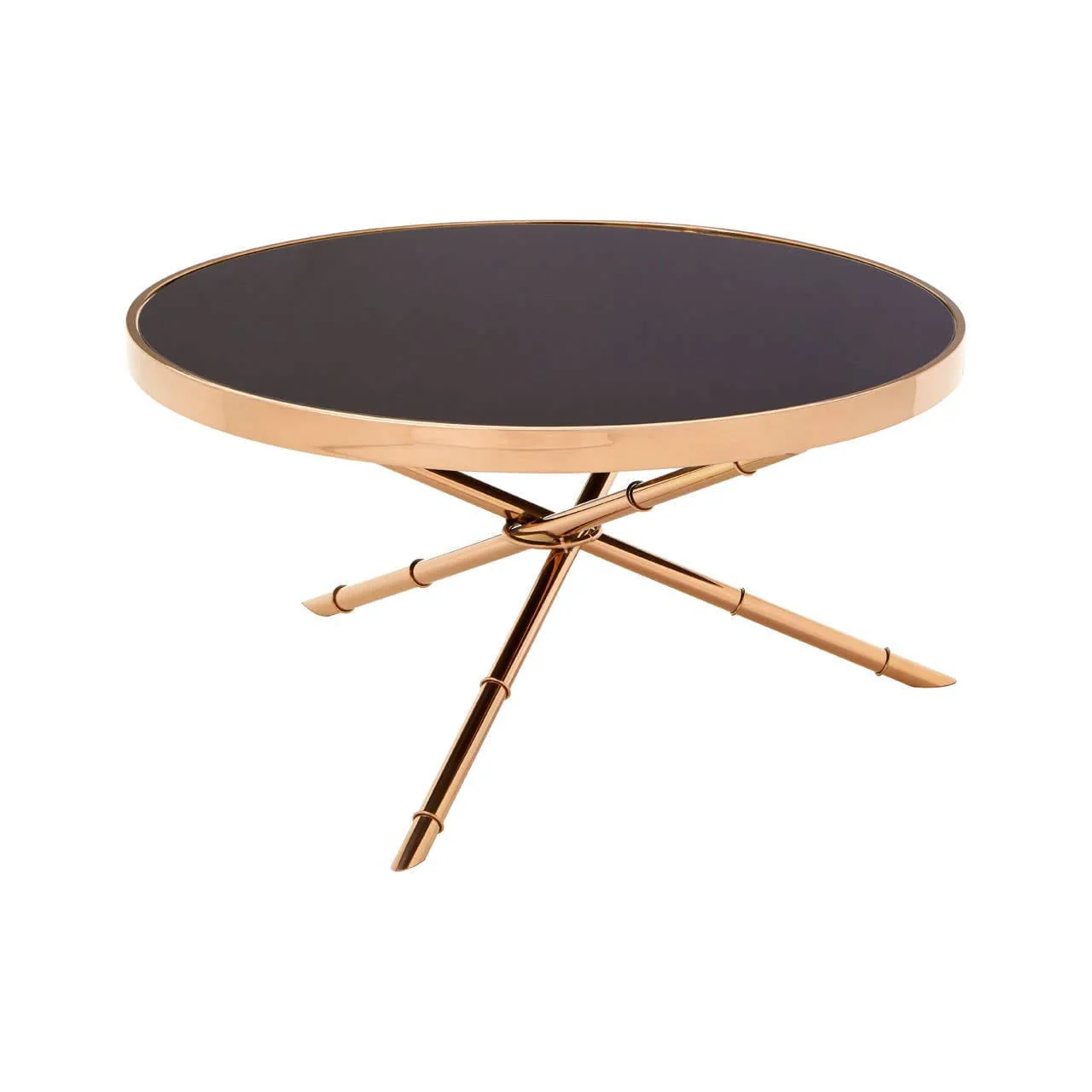 Alvaro Round Coffee Table with Rose Gold Legs and Black Glass Top - Image 2