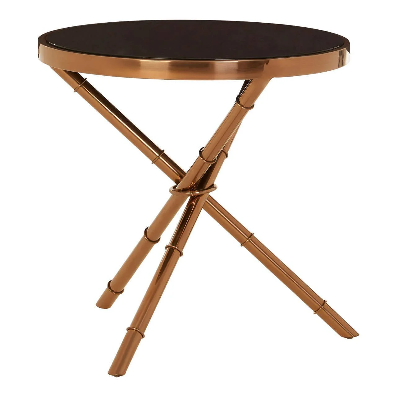Alvaro Round Side Table with Rose Gold Legs and Black Glass Top - Image 2