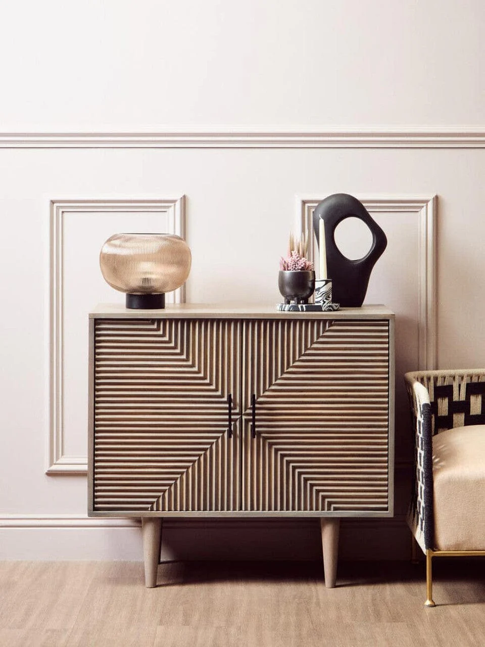Satna Two Door Greywash Carved Mango Wood Sideboard - Image 4