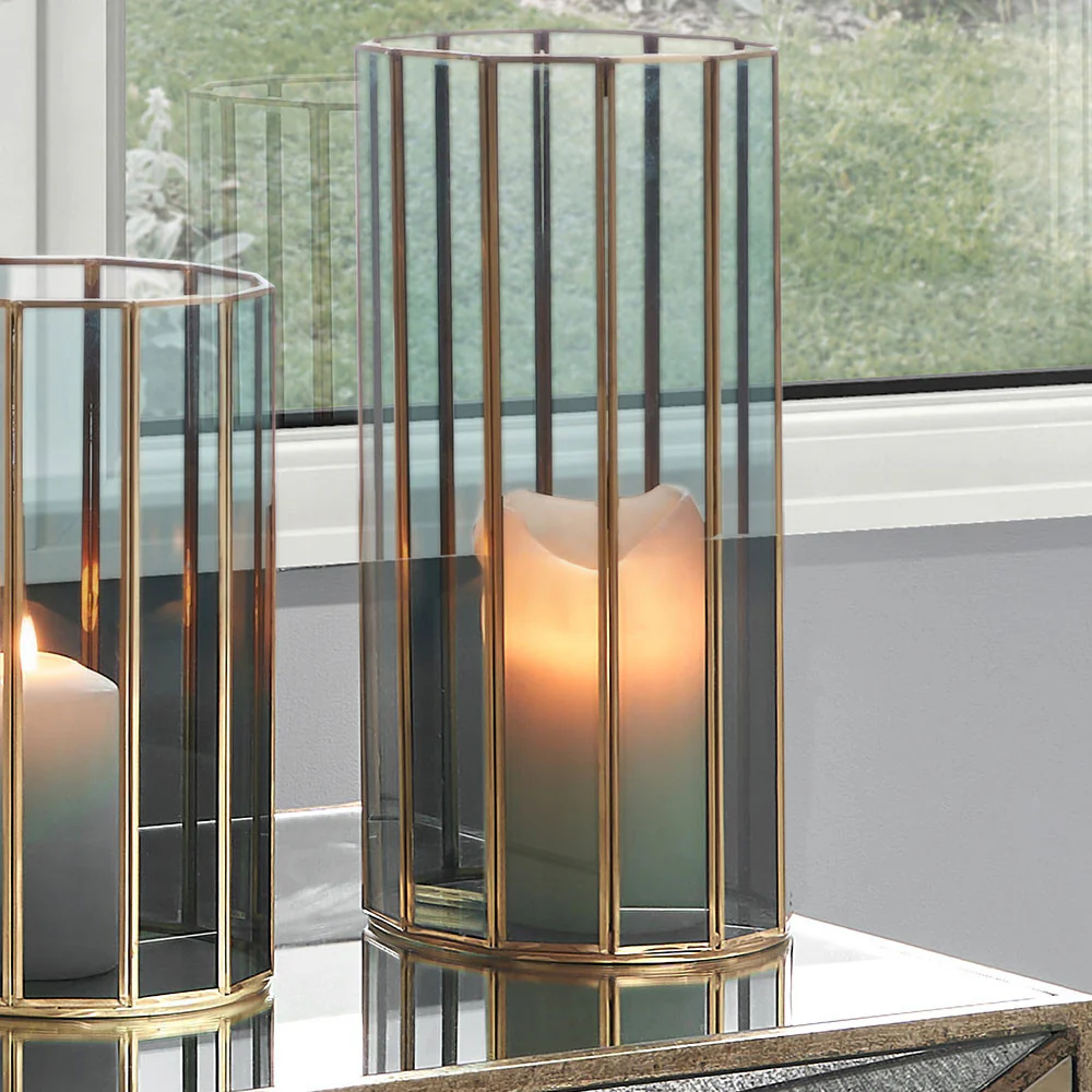 Brass Metal and Smoked Glass Panelled Tall Hurricane - Image 5