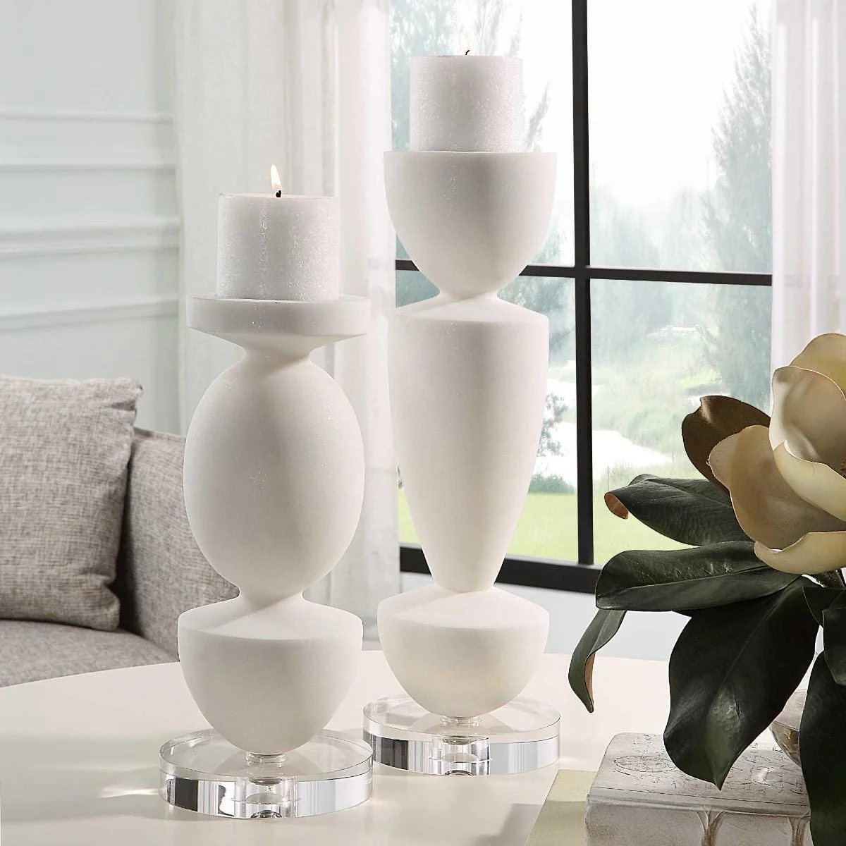 Uttermost Lido White Stone Candleholders | Set of 2 - Image 4